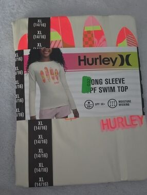 Hurley Cream Long-Sleeve Kids Rashguard with Neon Pink & Coral Surfboard Graphic
